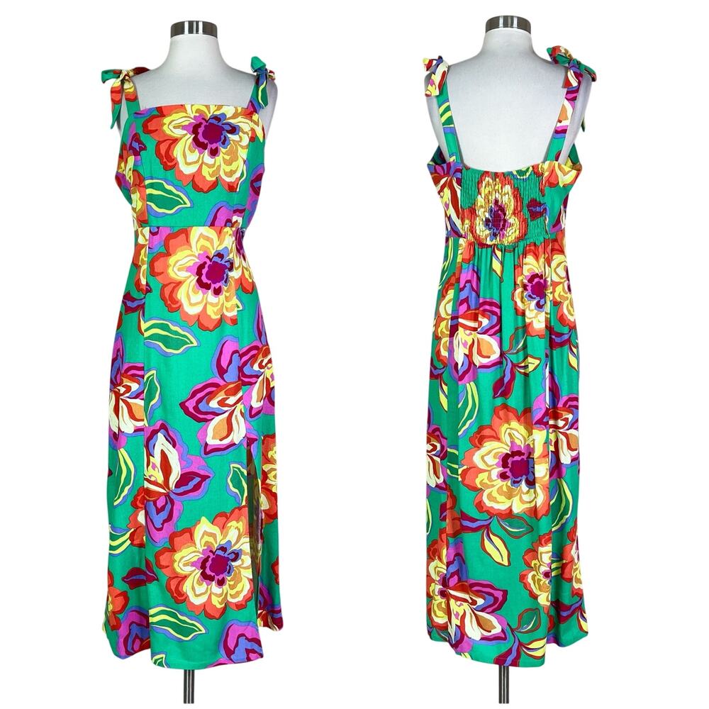 Giani Bini | Floral Linen Tie Strap Smocked Slit Midi Sundress Green Dress Large